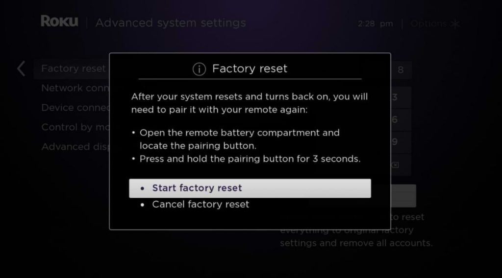 Tap Start to Restore Factory Settings