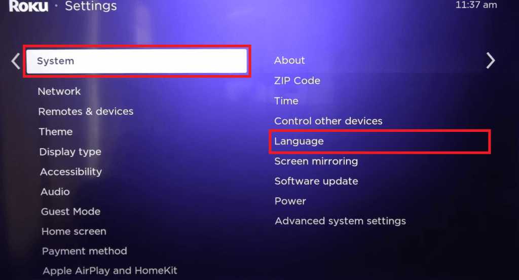 Click on Language option