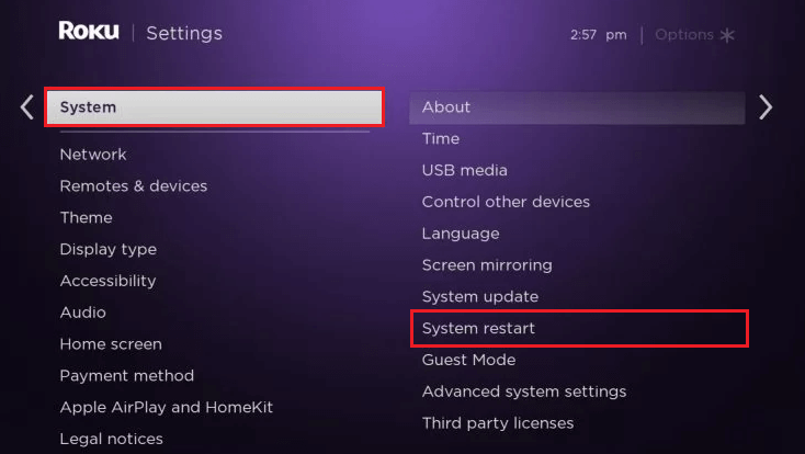 Choose System Restart on your Sharp Roku TV settings