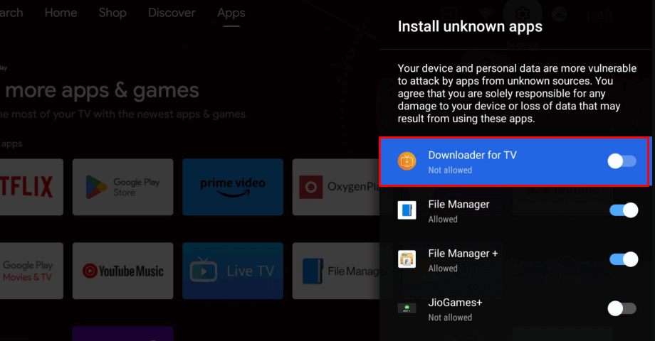 Enable Install Unknown Apps for Downloader for TV app