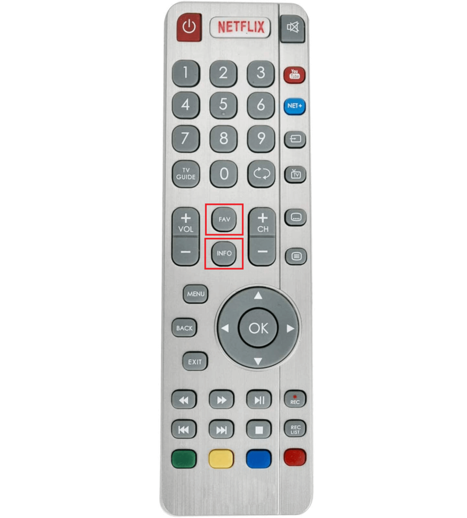 Press the Fav and Info button on the remote