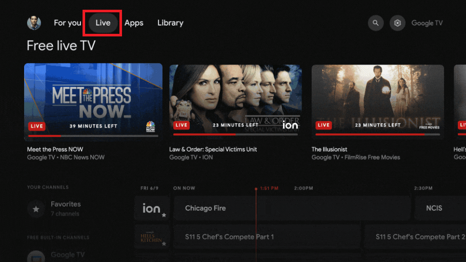 How to Add Favorite Channels on Sharp TV - Go to the Live tab