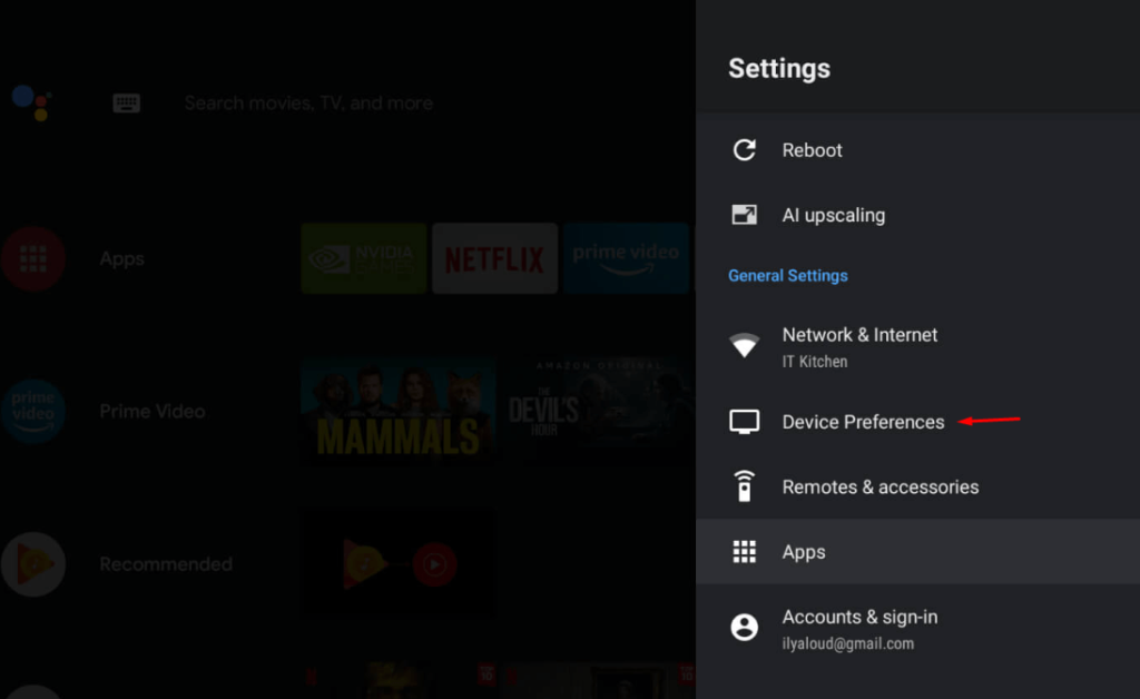 Choose Device Preferences to enable Dolby Digital