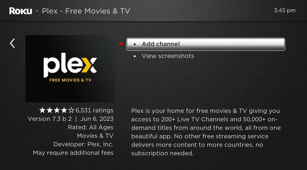 Click Add Channel to Get Plex on Sharp TV