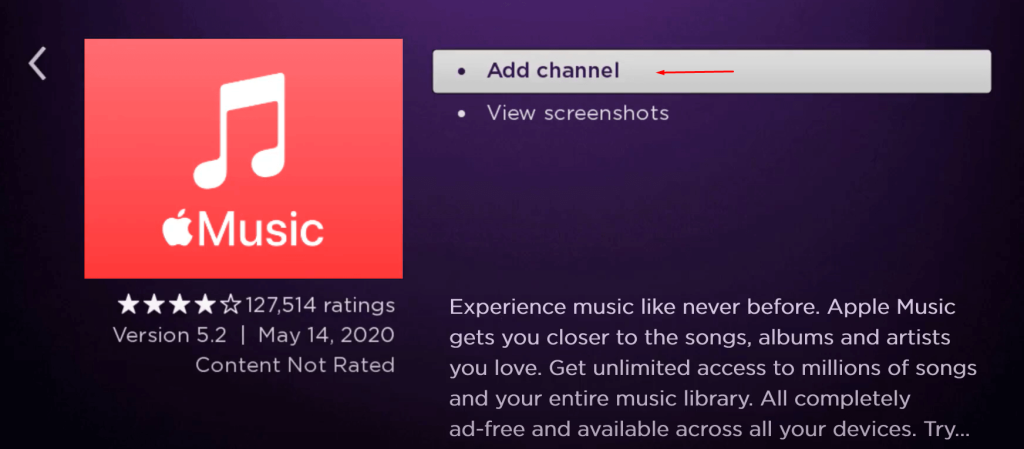 Click Add Channel to Get Apple Music on Sharp TV